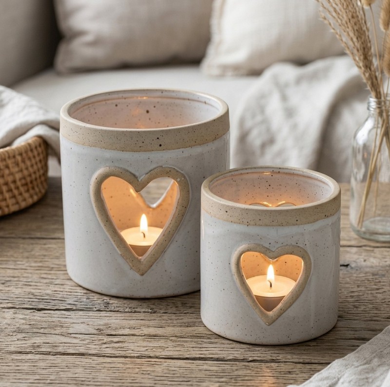 Bicchiere porta tealight con cuore realizzato a mano in gres